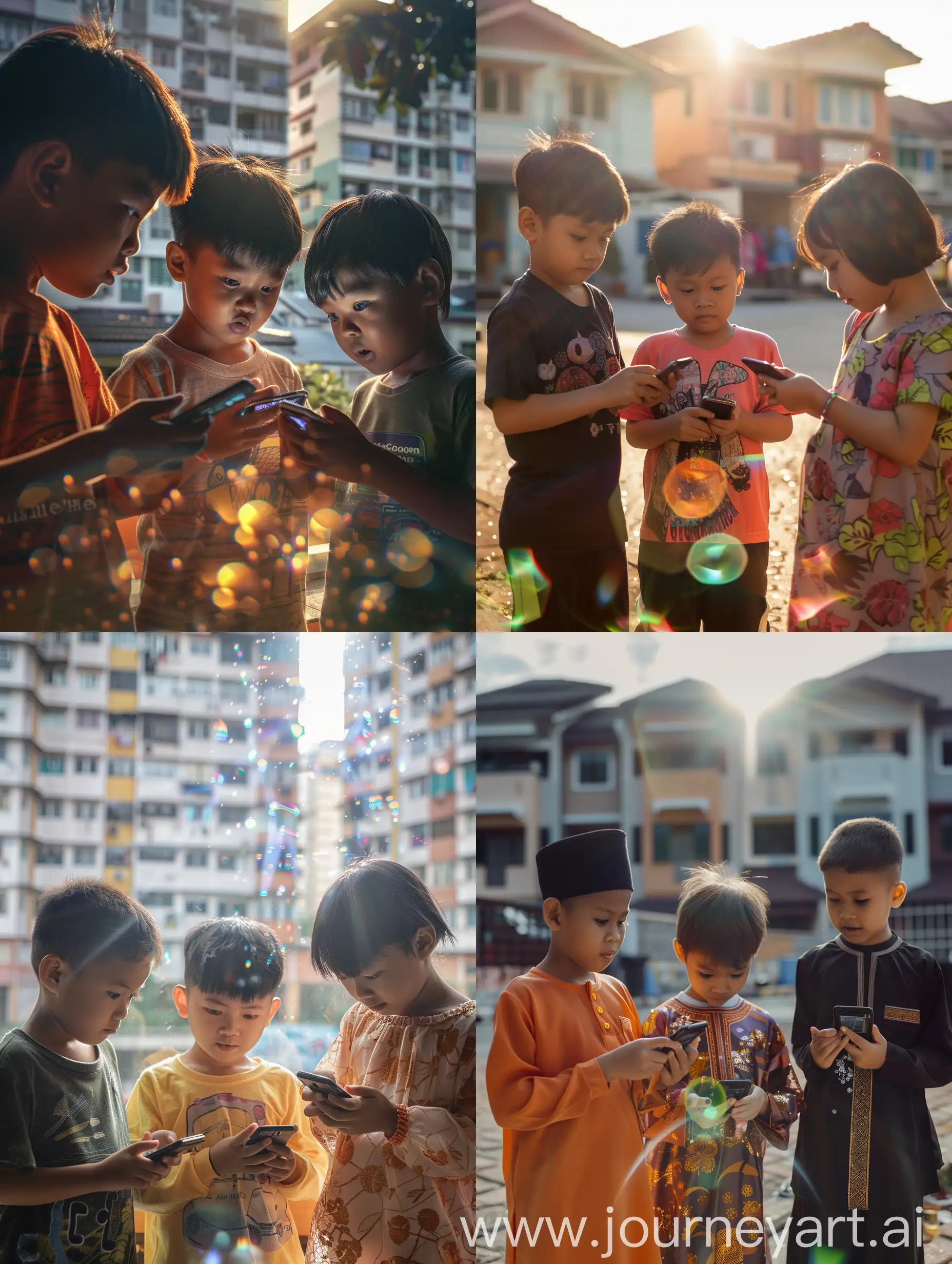 ultra realistic. 3 Malay children are anxiously looking at each other's mobile phones. the background of a housing estate. there is refraction of sunlight. canon eos-id x mark iii dslr --v 6.0