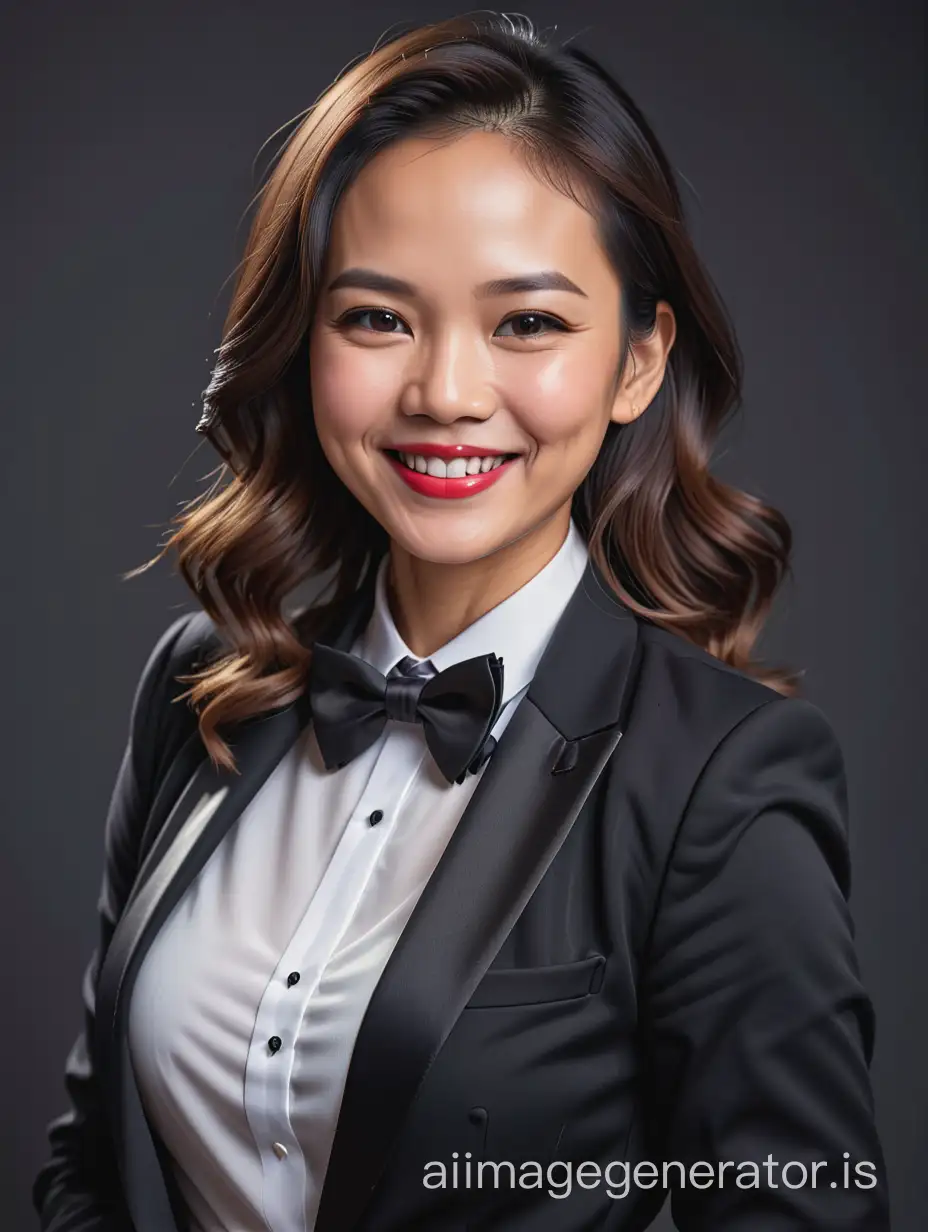 40 year old smiling and laughing pinoy woman with shoulder length hair and lipstick wearing a tuxedo with a white shirt and a black bow tie, arms crossed