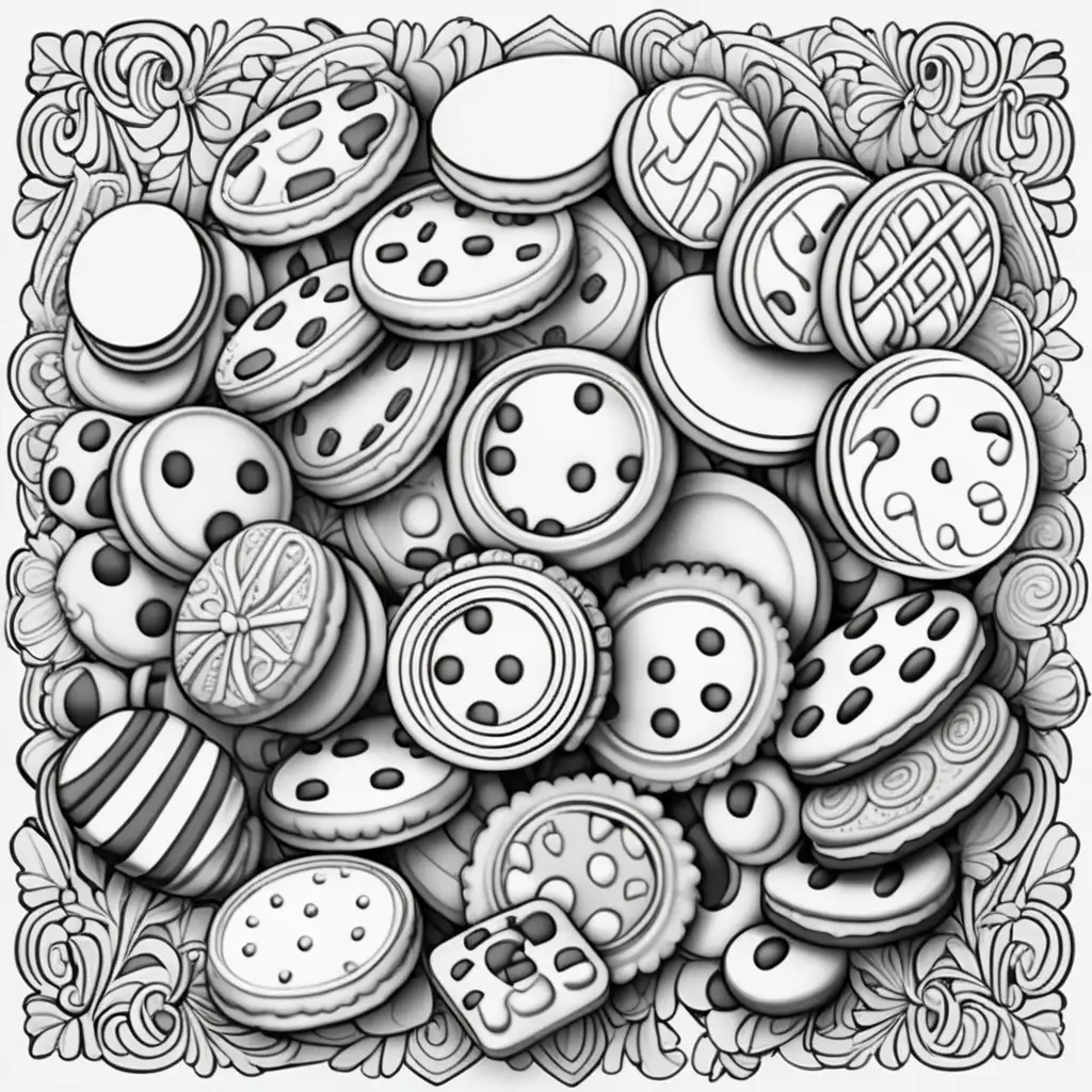 black and white illustration of cookies and cream , depicted in a paper mosaic style, for coloring page,black and white, coloring page, clear defined dark lines and line border, no shadows, no greying, without the use of shadows or any form of graying. Emphasize clean lines, distinct shapes, and solid, non-gradient fills to maintain a simplistic and high-contrast appearance suitable for coloring, white areas, white background, only white areas, no filled areas, black and white only, do not use grey or black as a filling for areas!!! little detail. in a sketch style, WHITE BACKGROUND; WHITE AREAS , WHITEEEE, NO SHADOWS