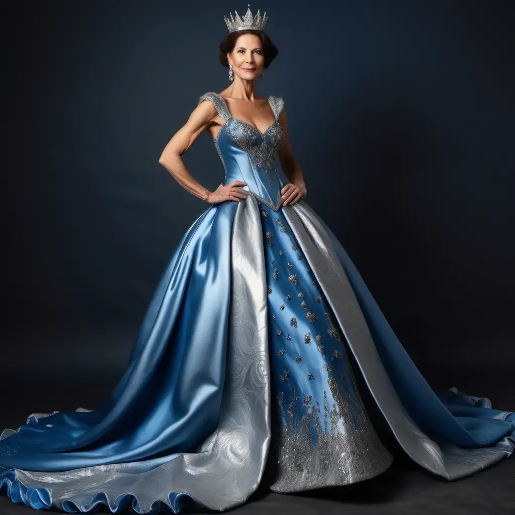 40 year old Queen, fairy tale, blue and silver gown, elegant