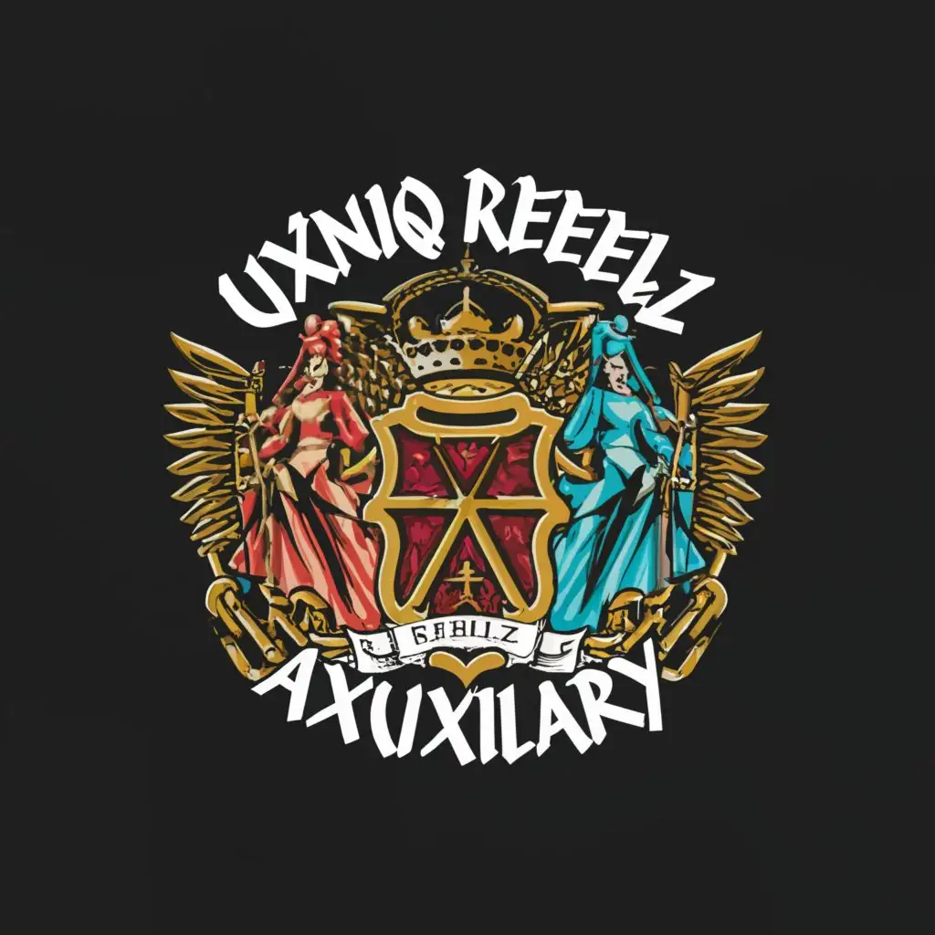 a logo design,with the text "U'NiQ  ReBelz
 Auxiliary
", main symbol:warriors chains queens
rebels symbol classy throne,complex,be used in Travel industry,clear background