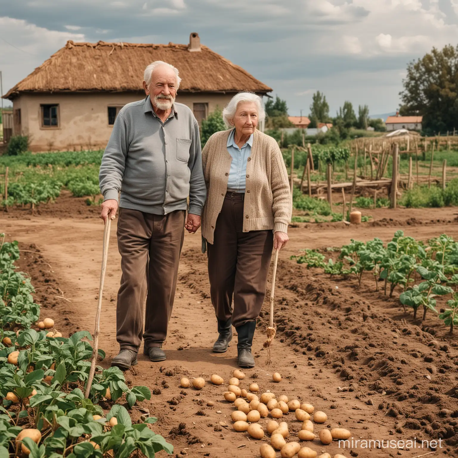 vieil homme marchant sur sa terre avec sa femme âgée lui montrant son champs de pommes de terre et sa maison en fond de toile