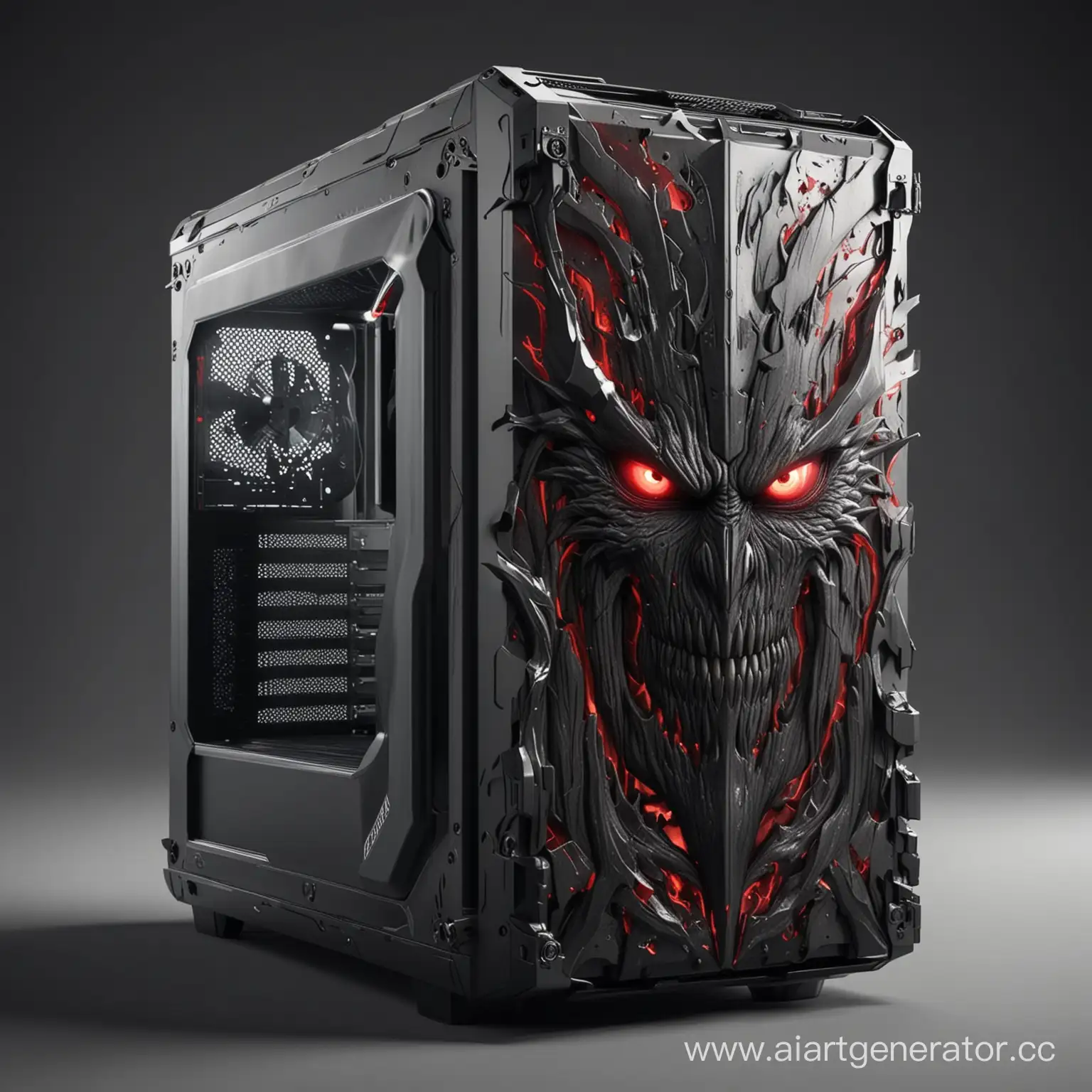 realistic 3D image of a computer gaming case in the style of the popular anime "Berserk"