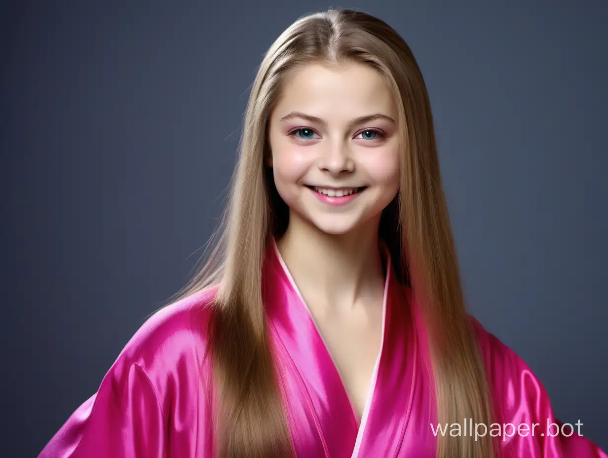 Angelically smiling Yulia Lipnitskaya with long straight silky hair in Fuchsia Pink Silk Robe