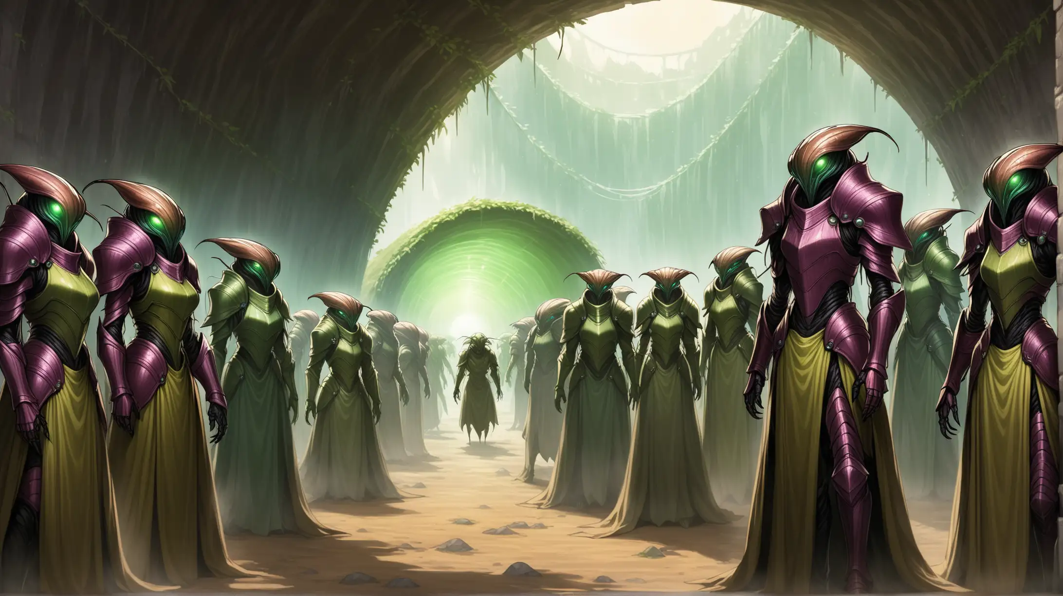 group of insectoid people, many colors, male and female, armors and robes, colony tunnels, Medieval fantasy
