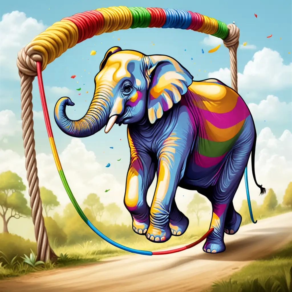 coloful elephant walking a tight rope
