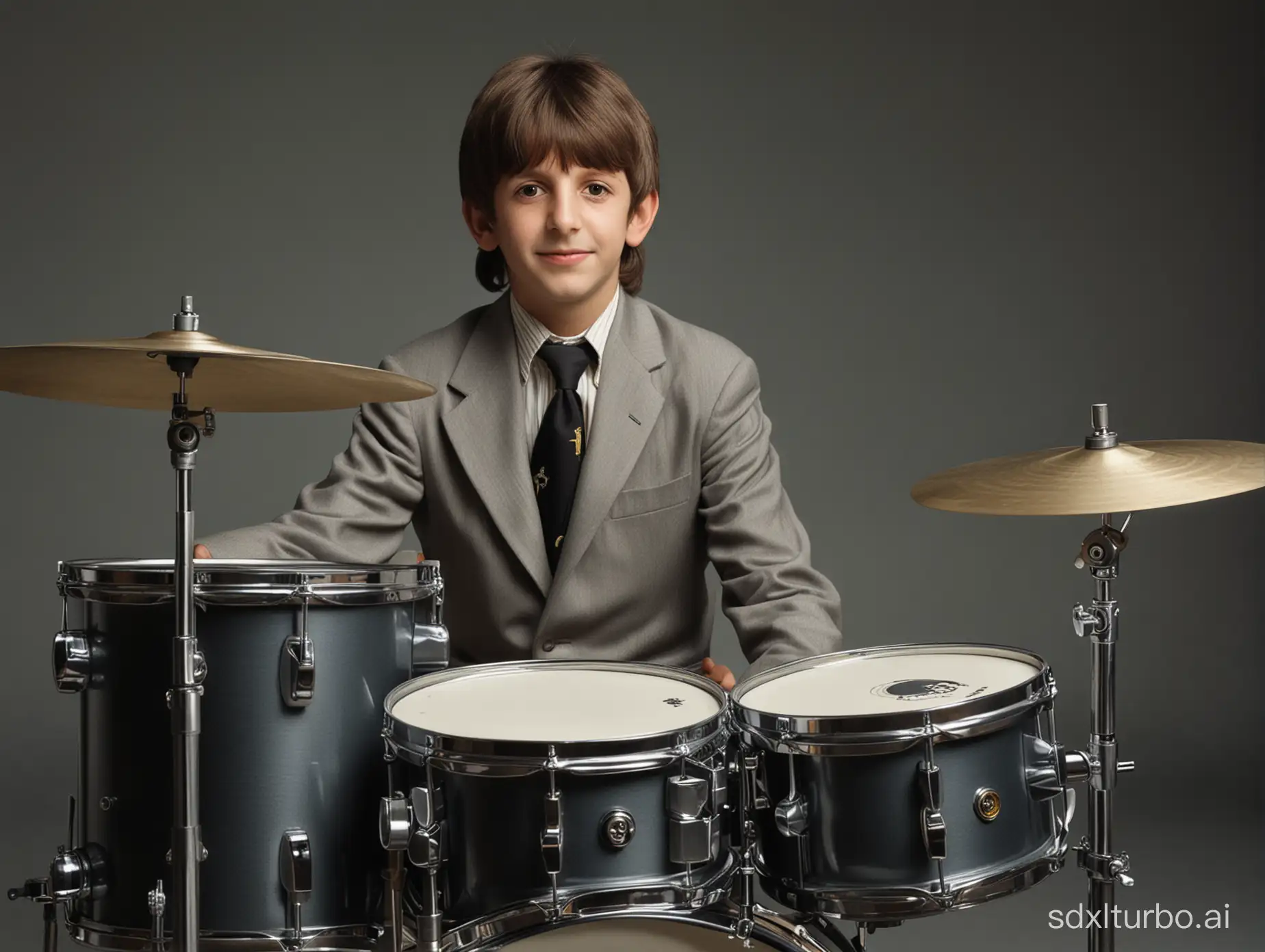 BEATLES DRUMMER Ringo Starr depicted as an 11 year old child sitting behind a drum set. PHOTO REALISTIC IMAGING.