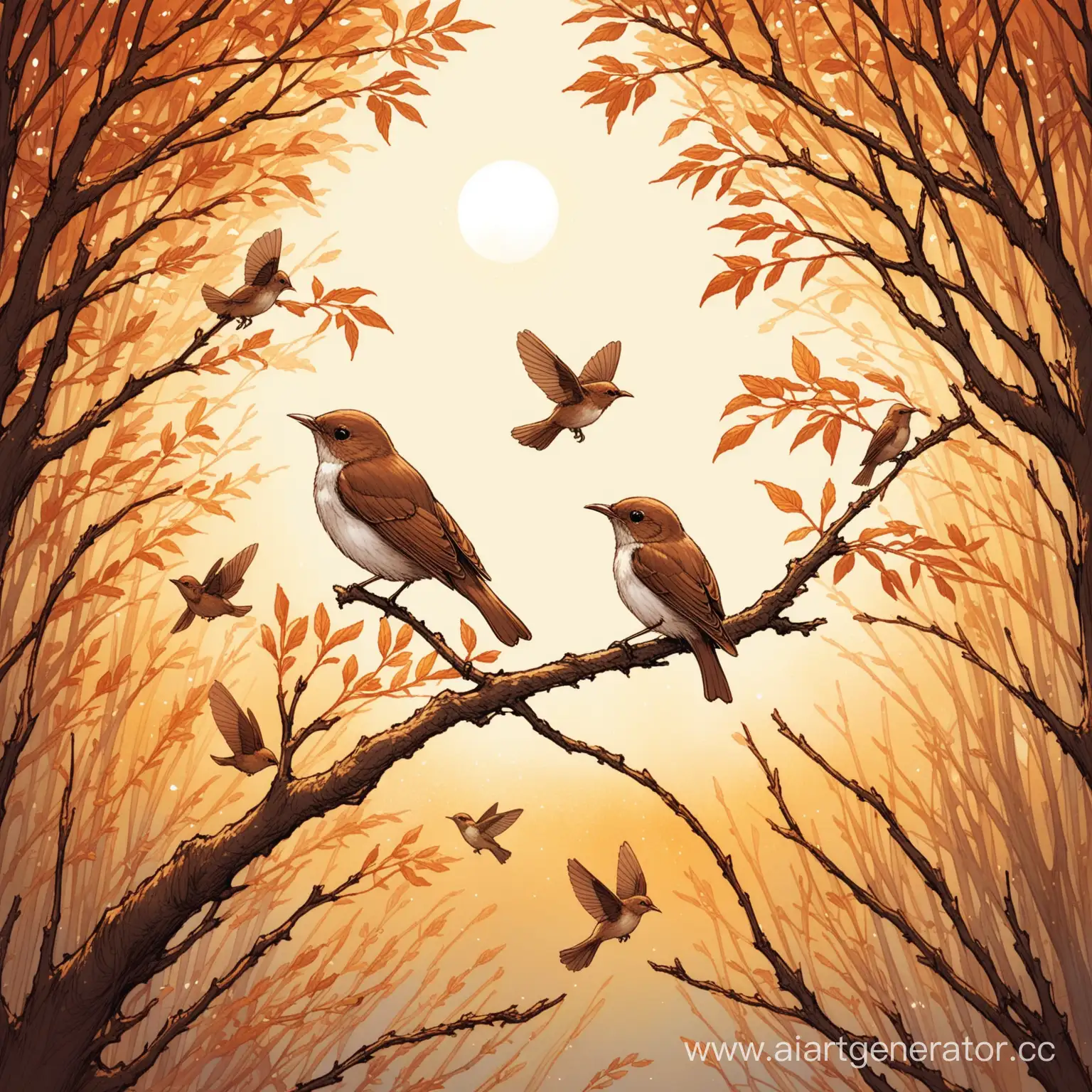 Nightingales-Perched-on-Rustic-Branches-in-Moonlit-Serenity
