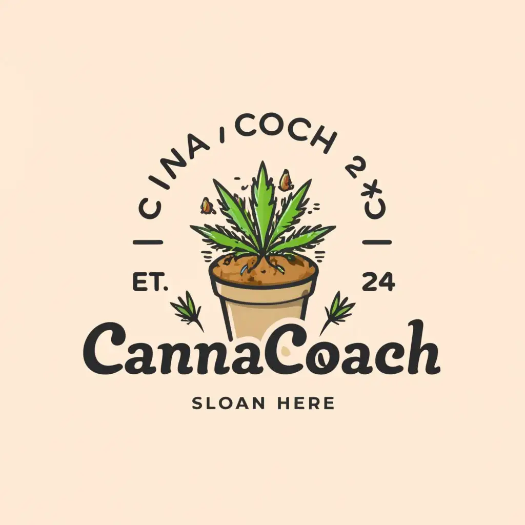 a logo design, with the text 'CannaCoach24', main symbol: Please add a juicy cannabis in its flower plant with thick, sticky buds in a clay pot. Above the Cannacoach text. Maybe the top tip of the plant pops out the circle like the CannCoach24 text below. Background sky with clouds and but everything in a round. Please don't add more text shape, complex, clear background