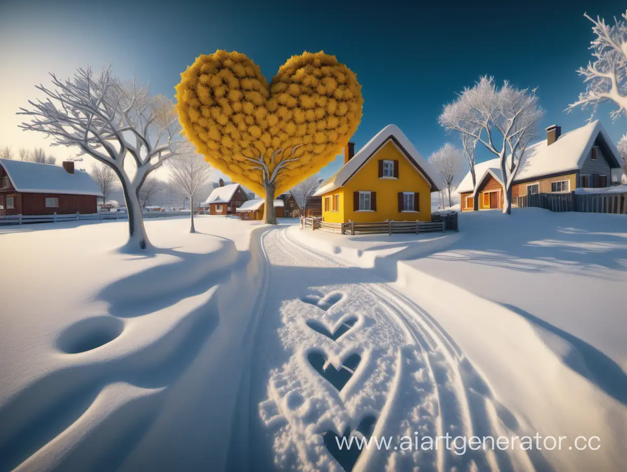 白雪皑皑的场景描绘了寒冷的冬季景观，一条雪路通向一座舒适的小房子。在道路的旁边，矗立着一棵心形的超大黄色爱情树。在树的两边，都有迷人的小房子。雪很厚，用超广角镜头拍摄，以 32k 分辨率和 16：9 纵横比提供清晰、详细的图像。这个场景唤起了一种温暖而诱人的氛围。