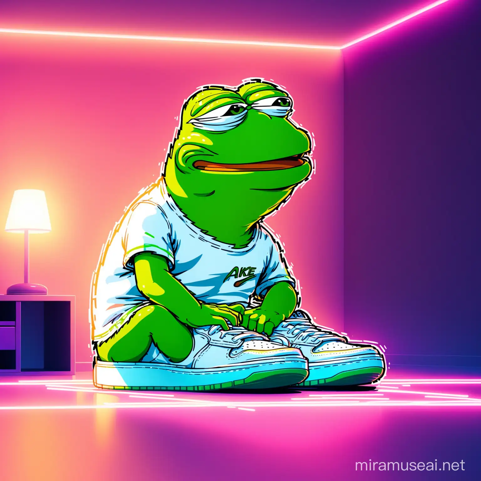 Funny Pepe Meme in Trendy Nike Sneakers Relaxing in a Contemporary Neonlit Space