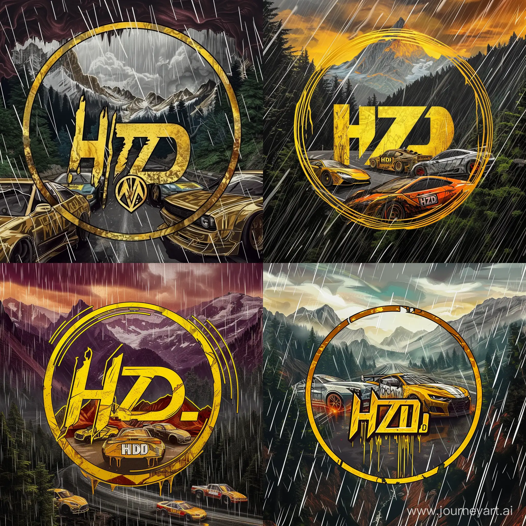 draw style car race logo in circle shape, raining, some racing cars, gold main color, apocalyptic look
with HZD tag in the middle, graffiti style font, mountains with trees with road in backround