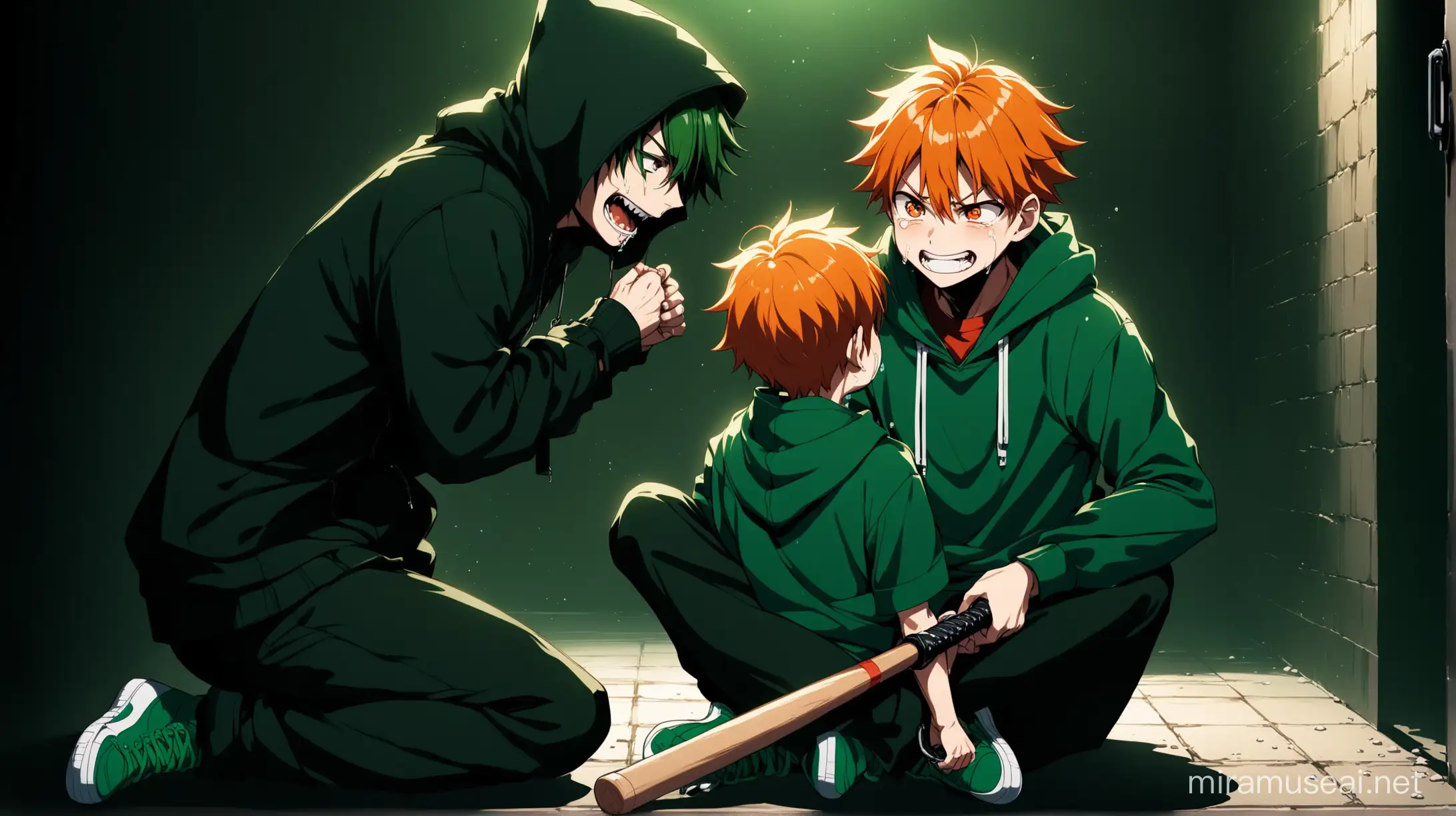 A side view  image of two anime characters in which a boy is been trapped and handcuffed by a criminal. The boy is screaming and crying and is orange headed, orange eyes, dark green hoodie, tall, handsome and is sitting on the floor of a underground secret room. The criminal is dark green headed, evil, evil smile, red bright eyes, badass, tall, wearing dark green hoodie with red inner shirt collars, green sneakers. The criminal is  touching the boys chin with a baseball bat and bending to talk with the boy. The boy is sitting on the floor handcuffed, crying, staring at the eyes of the criminal. The boy and the criminal are sitting in an underground secret room with dark green contrasts and vibe. The criminal is evil smiling and harrassing the boy with a baseball bat. The kid is crying.