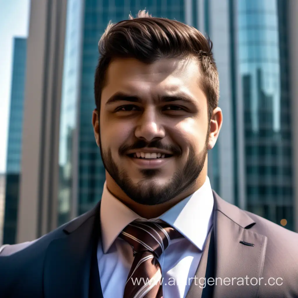 Huge overweight hairy stubble Happy 25-year-old rich CEO hairy brown-hair handsome hunk big muscles muscular beefy burly Turkish in suit and tie, face detailed features, 4k photography, wide-angle shot