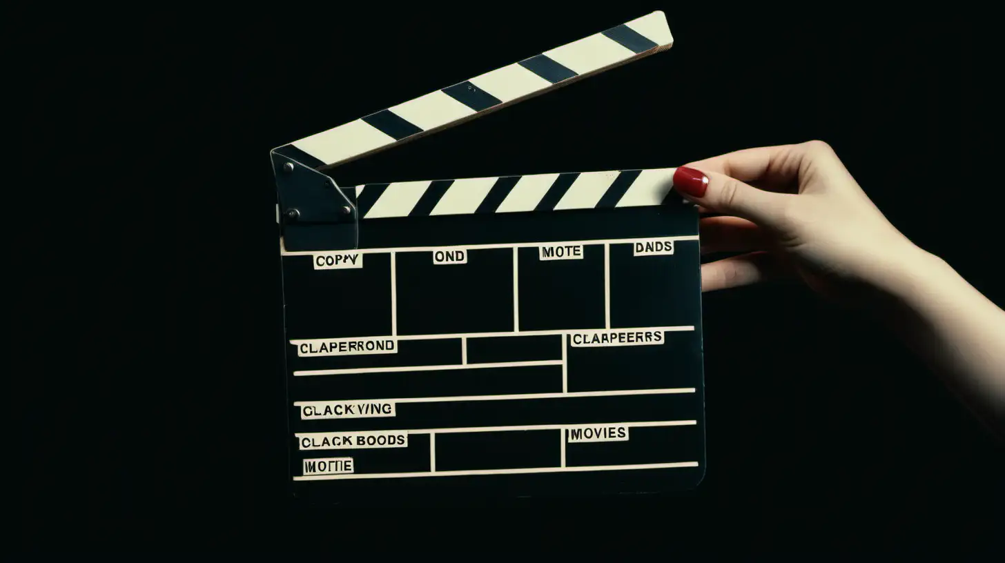 female hands using clapperboard against black background, shooting movies, copy space