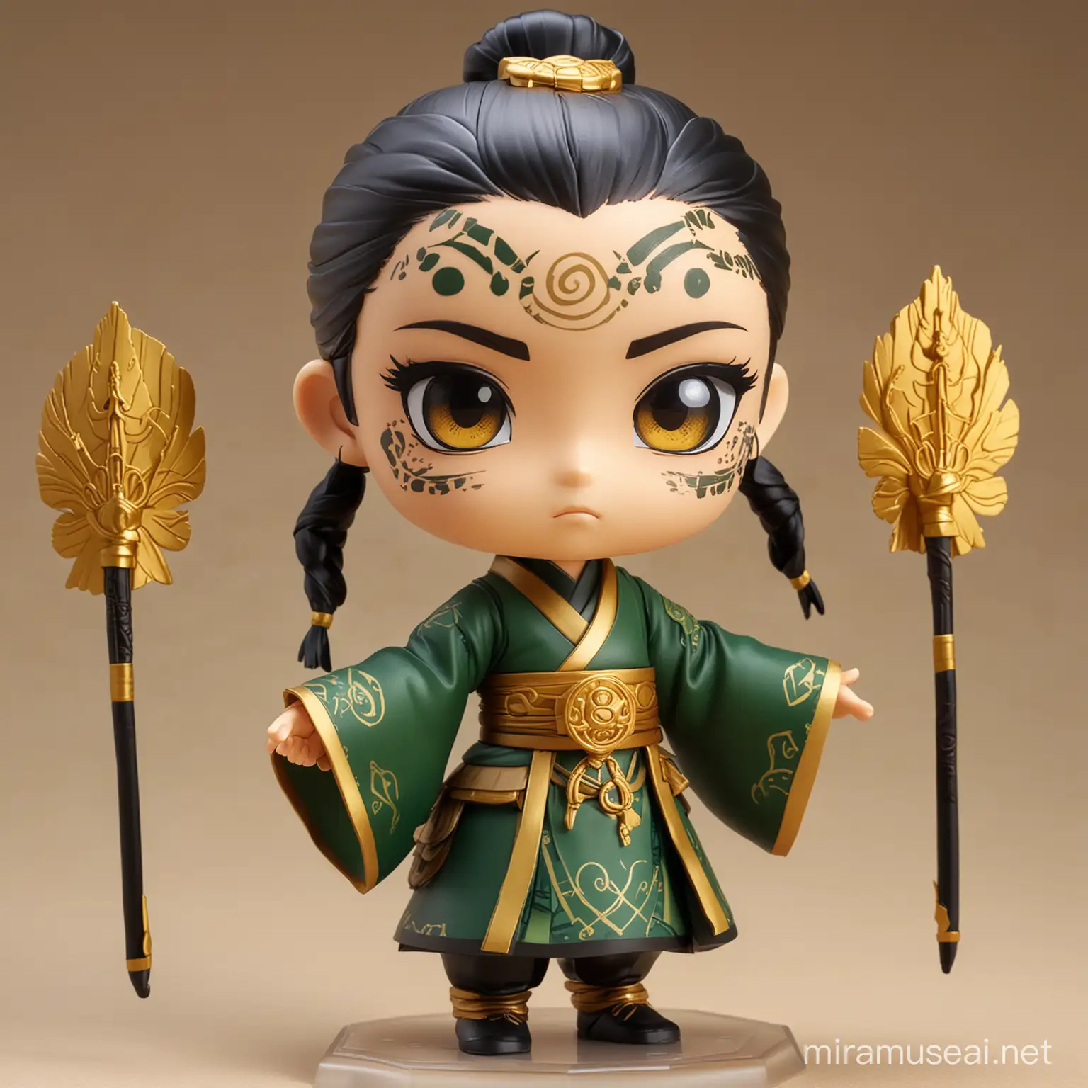 "Generate a chibi-style Nendoroid illustration of Kyoshi from Avatar: The Last Airbender, featuring her iconic green and gold robes with intricate details, and face paint. Show her standing confidently with her two fans.