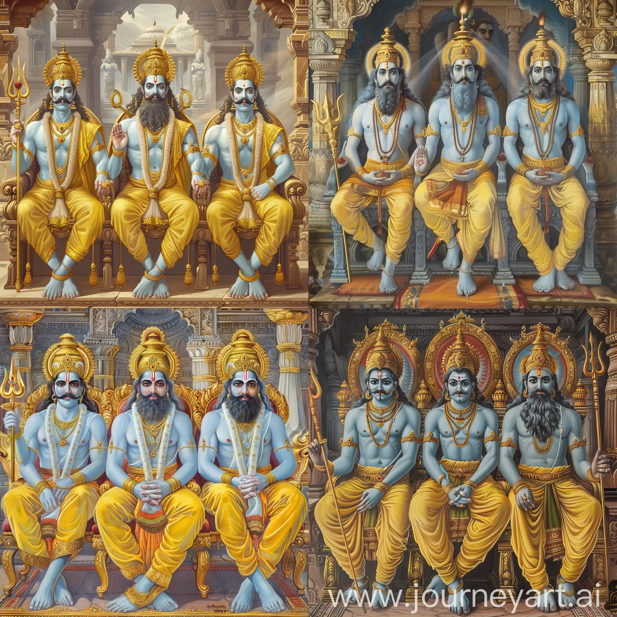painting mode : 

three Hindu gods are sitting on their imperial thrones, they all have Indian style mustache, light blue skin and yellow pants,

Shiva is the left one, he holds a golden trident in his hand,

Vishnu is the right one, he holds a long golden mace in his hand,

Brahma with beards is the center one,
they are all inside a splendid Hindu temple,