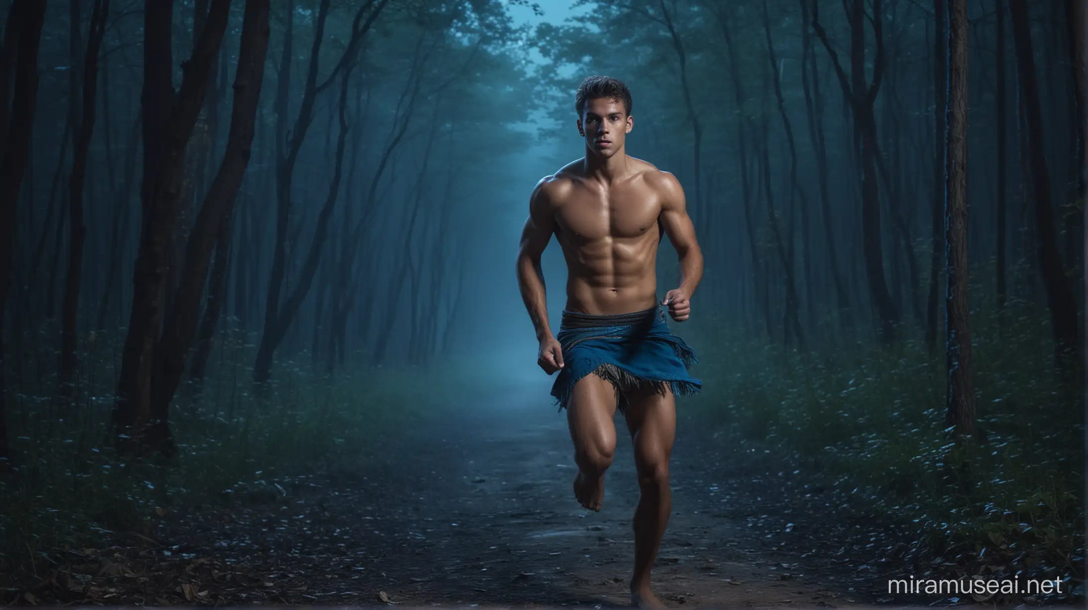 Young sexy athletic warrior boy in loincloth running in the middle a forest by night with a blue colors ambient 