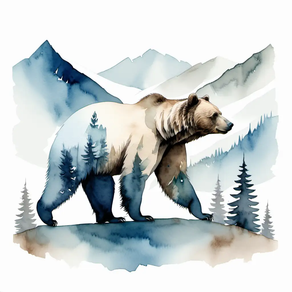 minimalist picture of a bear in the mountains in neutral tones with muted colors in watercolor with blue added in

