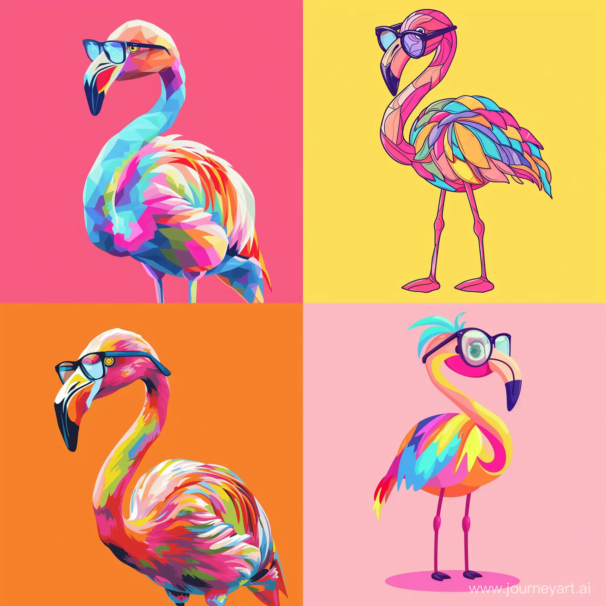 cartoon brightly colored flamingo with glasses on giving summer vibes, in minimalistic vector style