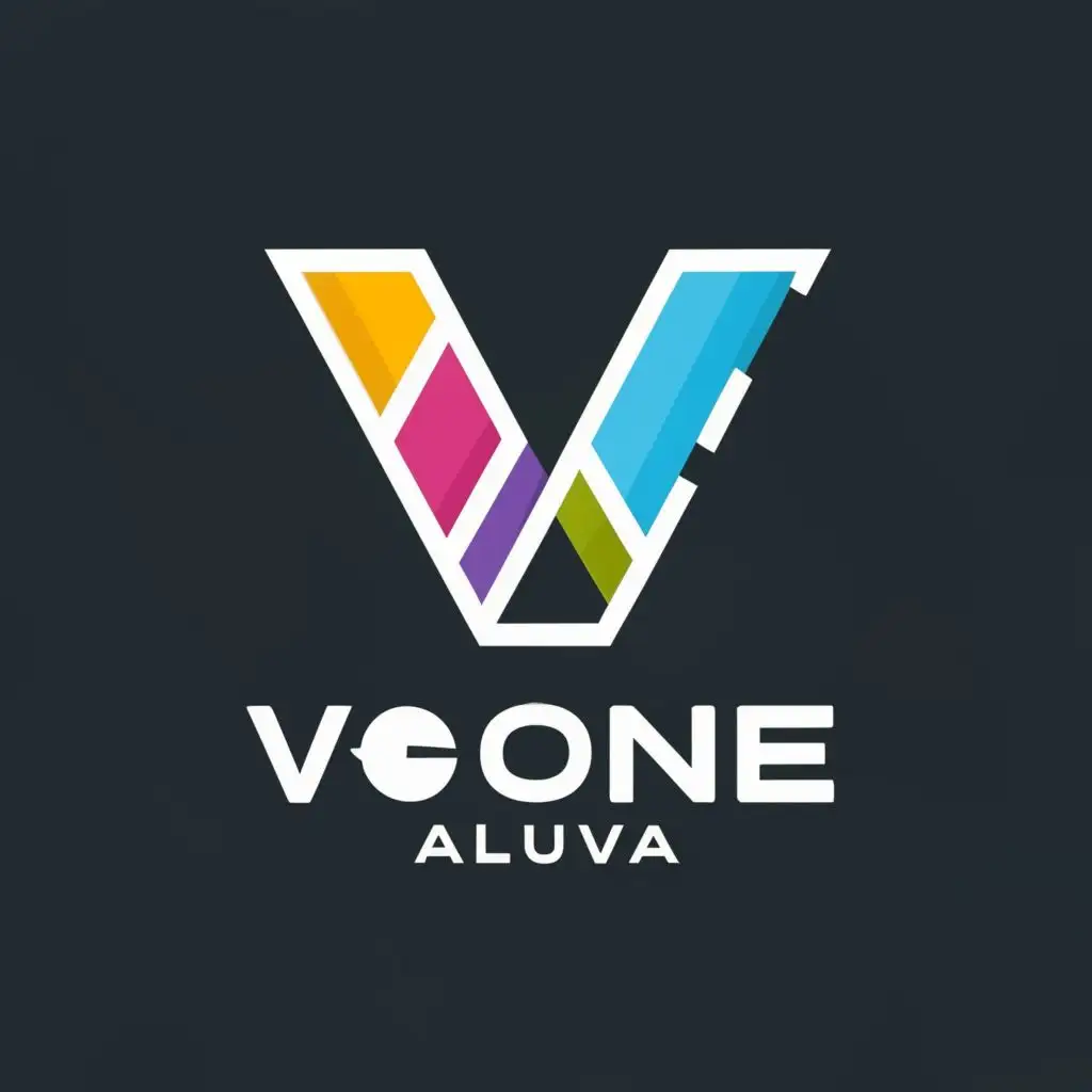 logo, V, with the text "V-ONE ALUVA", typography, be used in Entertainment industry