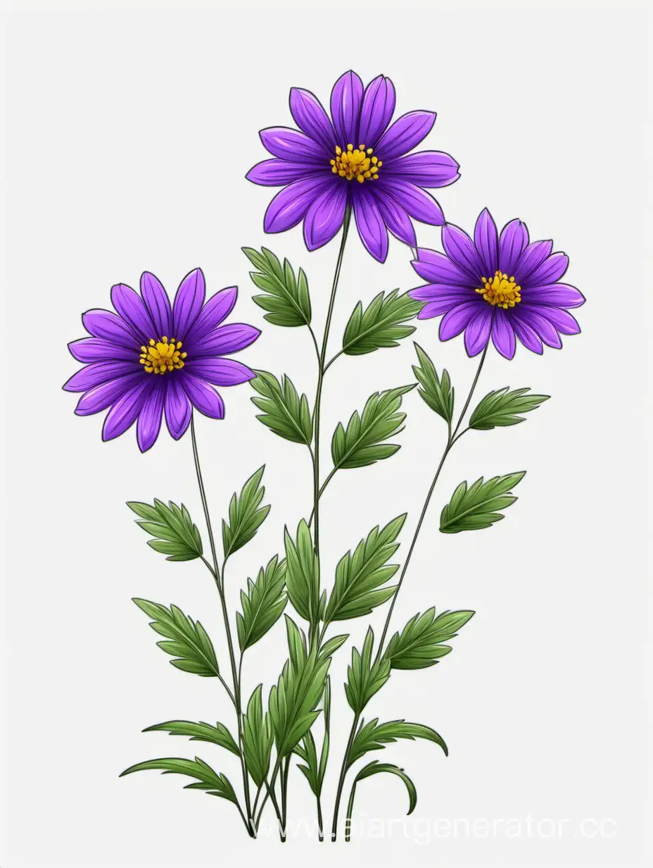 purple BIG wildflower 3 plants lines art, simple, herb, Unique floral, botanical ,grow in cluster, 4K, high quality, white background,