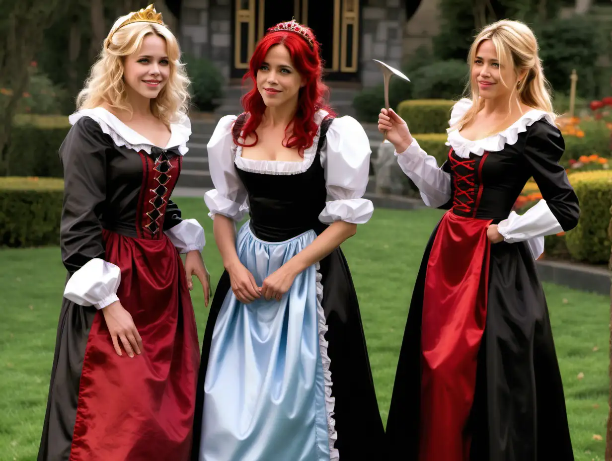 girls in long   crystal silk satin  red black retro victorian maid gown with white apron and peter pan colar and long sleeves costume and milf mothers long blonde and red hair,black hair  rachel macadams and Jenifer aniston smile in evil garden Cinderella