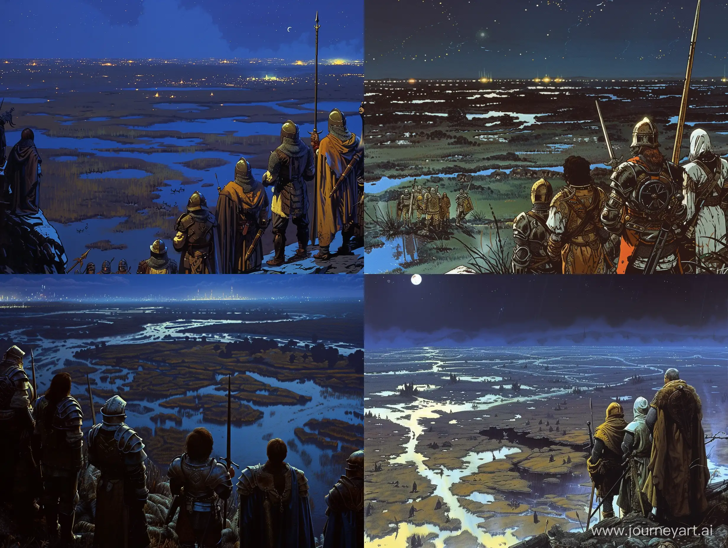 Explorers-and-Knights-Surveying-Dark-Fantasy-Marshland-at-Night