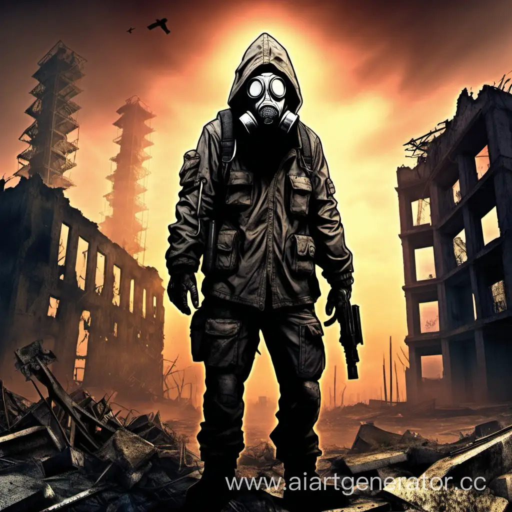 Название игры "Последний рассвет", сюжет которой разворачивается в постапокалиптическом мире после ядерного взрыва. Нарисуй сталкера в капюшоне и противогазе, который по среди развалин смотрит на рассвет
