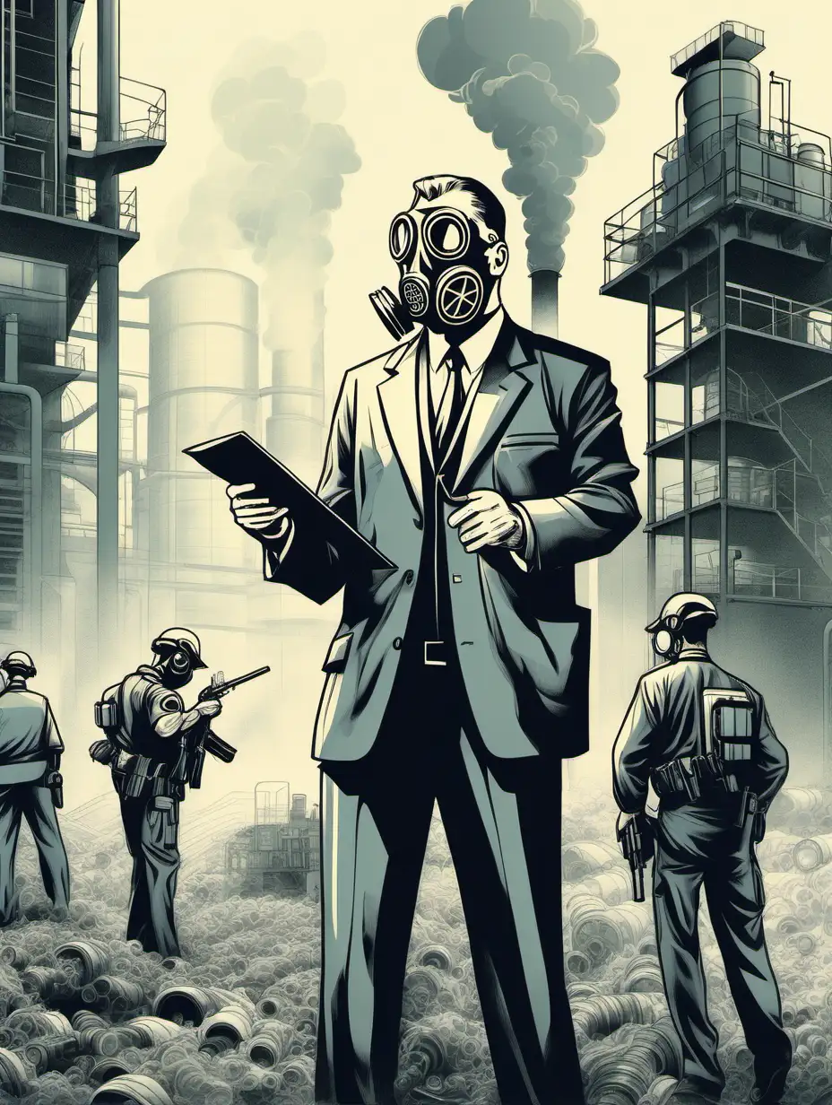 Rich man with gas mask and armed bodyguards inspecting factory with pollution sketch 