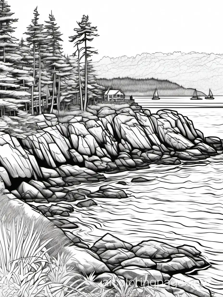view of Ucluelet, BC, in the style of John Singer Sargent, highly detailed, Coloring Page, black and white, line art, white background, Simplicity, Ample White Space. The background of the coloring page is plain white to make it easy for young children to color within the lines. The outlines of all the subjects are easy to distinguish, making it simple for kids to color without too much difficulty