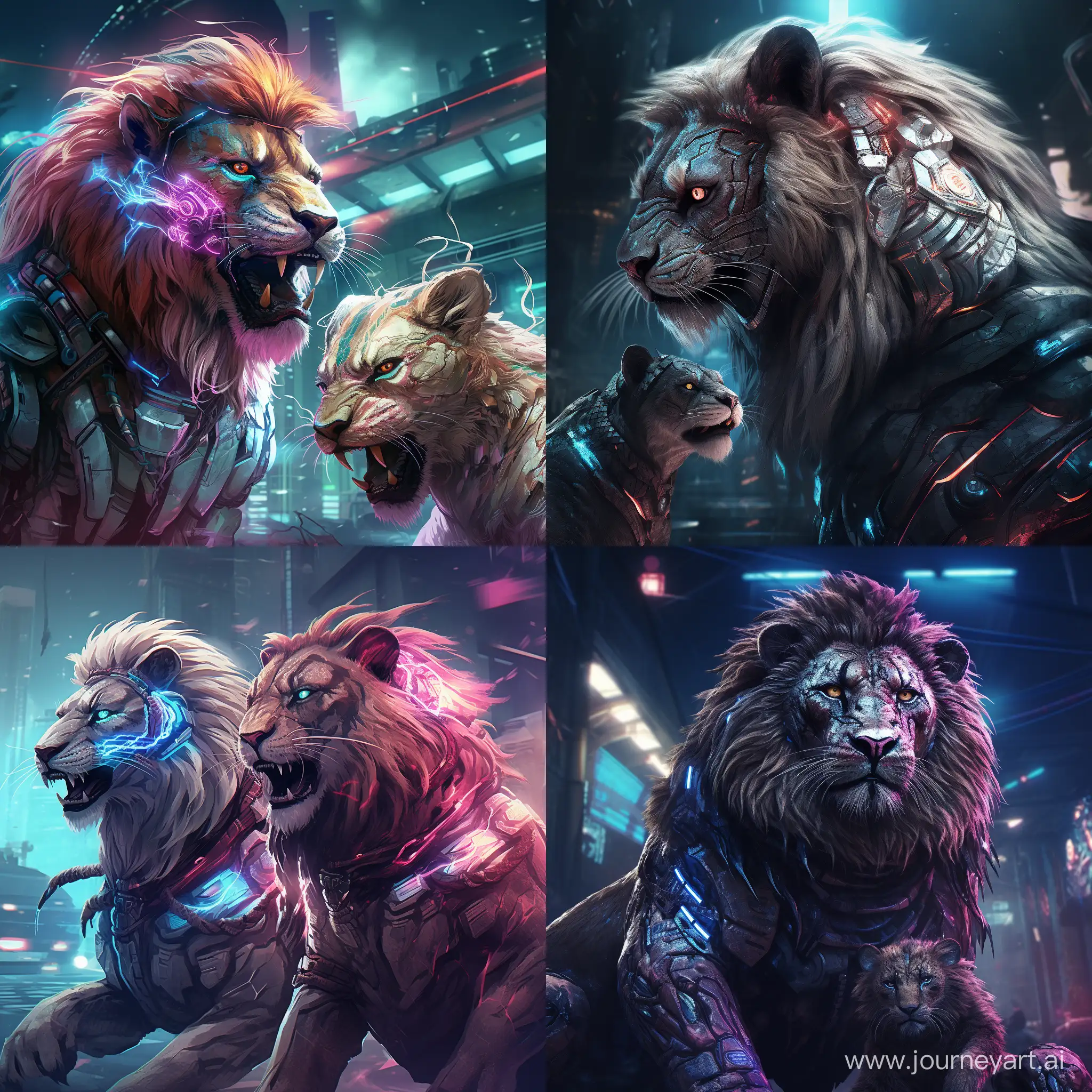 cat fights with lion in cyberpunk style