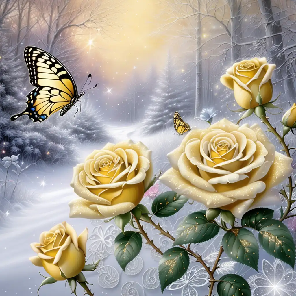 Lacey butterfly, bi-colored roses soft forest wintery background, sparklecore, glistening, glitter, glowing, colorsplash, filigree, Thomas Kinkade yellow, black, white  and gold