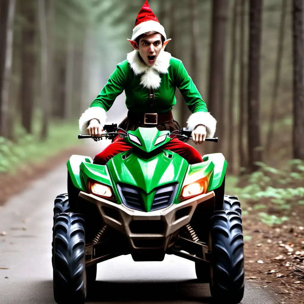  cinimatic 
elf riding a fourwheeler eating m