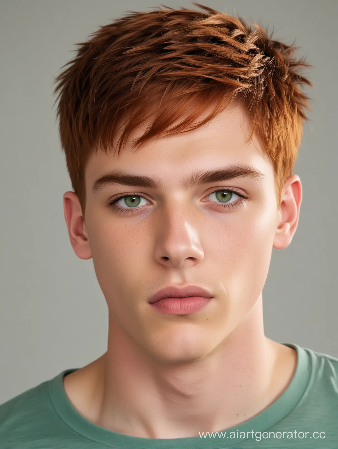 парень, 18 лет, стройный, с густыми короткими рыжими волосами, зелёные глаза, пухлые губы