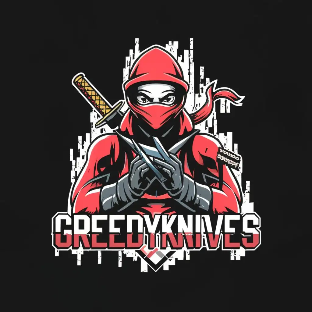a logo design, with the text "GreedyKnives", main symbol: Ninja with ballistic knife for gaming logo with glitch mask over face, red and black color scheme, complex, be used in Entertainment industry, clear background