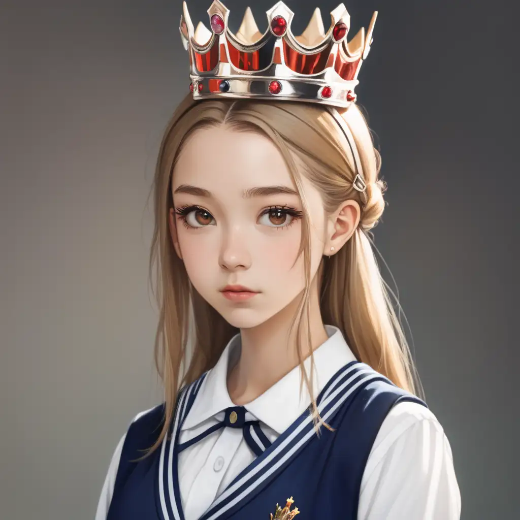 Pretty Schoolgirl with Crown Nodding in Thoughtful Gesture