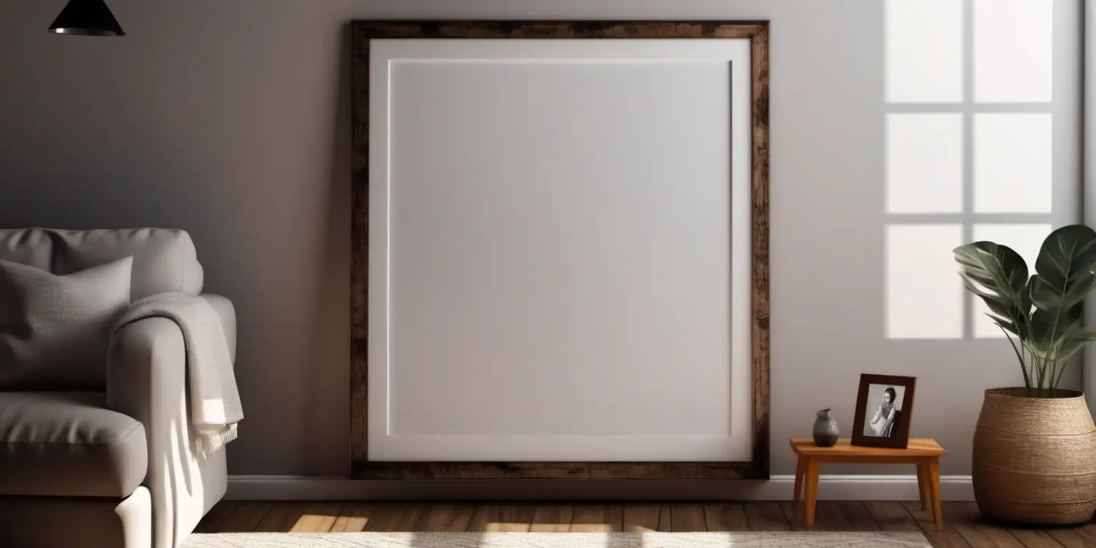 wooden poster white blank frame mockup, reflection, shadow overlay, cozy living room, farmhouse stlyle, warm room, 4K, exclude random objects,