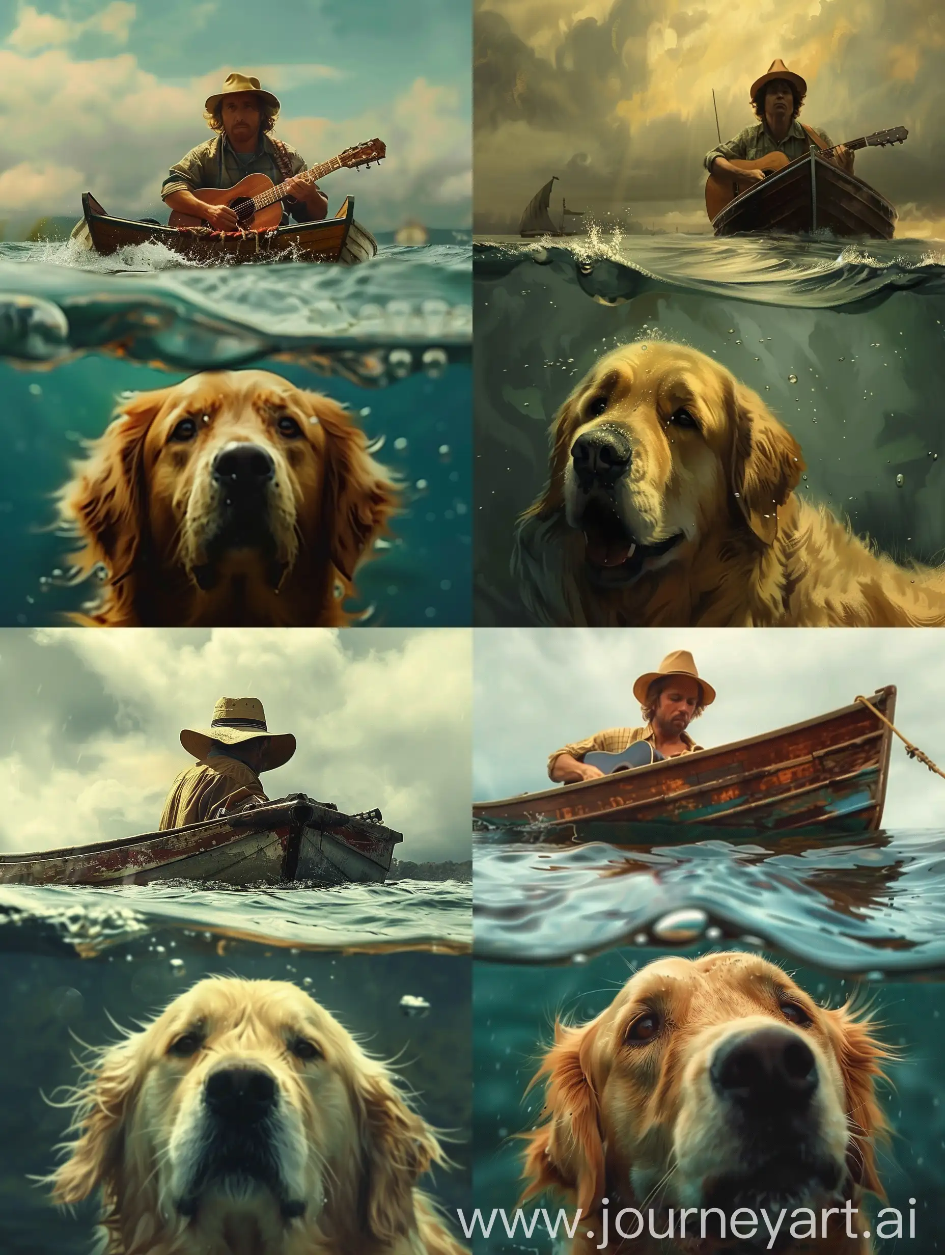 Man-Playing-Guitar-in-Boat-with-Golden-Retriever