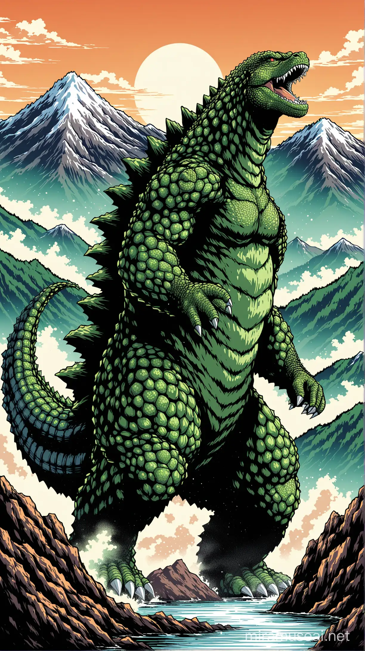 Gigantic Godzilla Roaming Majestic Mountains
