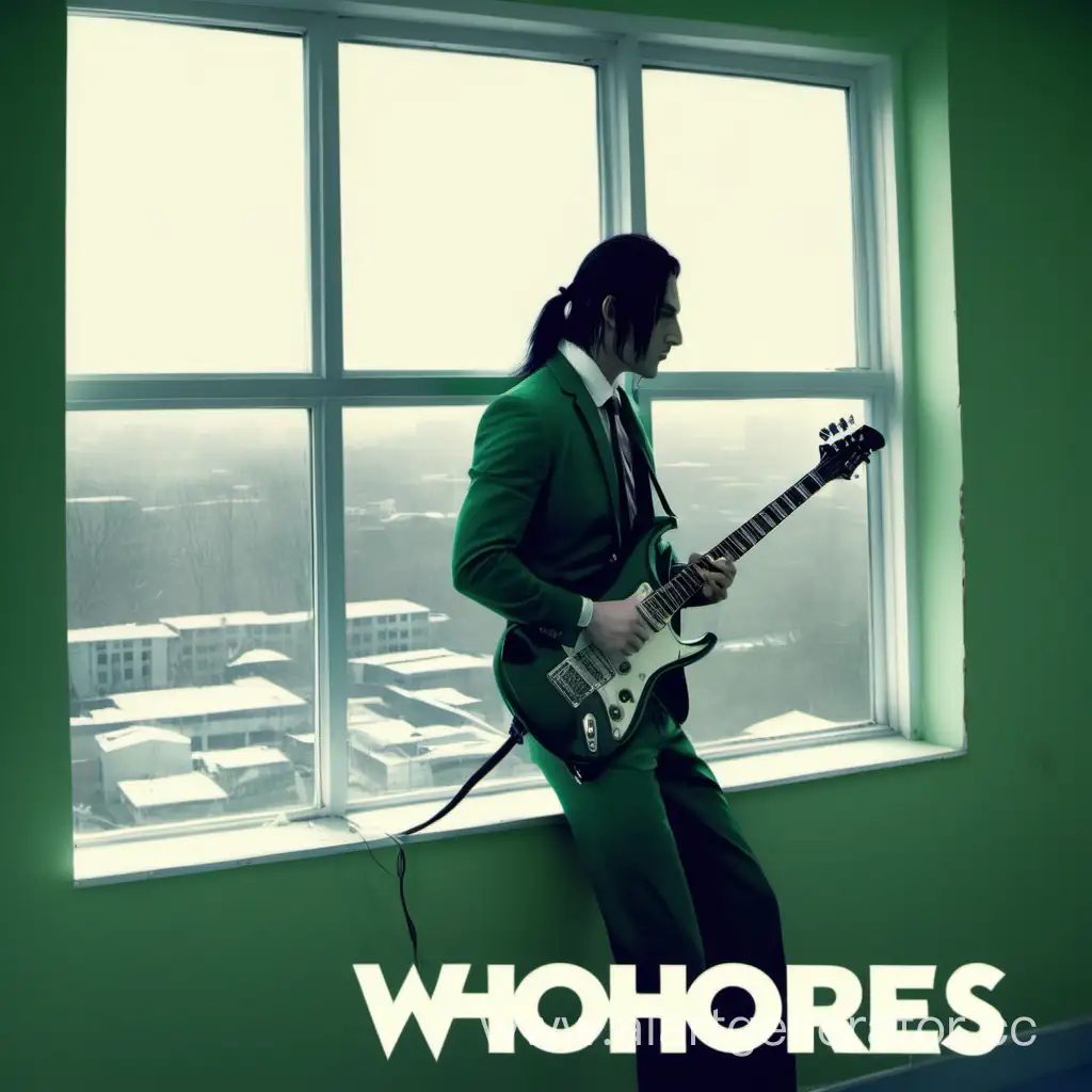 Обложка альбома несуществующей рок группы "The Whores", название группы должно присутствовать на картинке, на самой картинке в больничной палате лежит всего один подкаченный парень с длинными чёрными волосами завязанными в хвост, задумчиво смотрящий в окно с электрогитарой в руках, одет в спортивный зеленоватый костюм