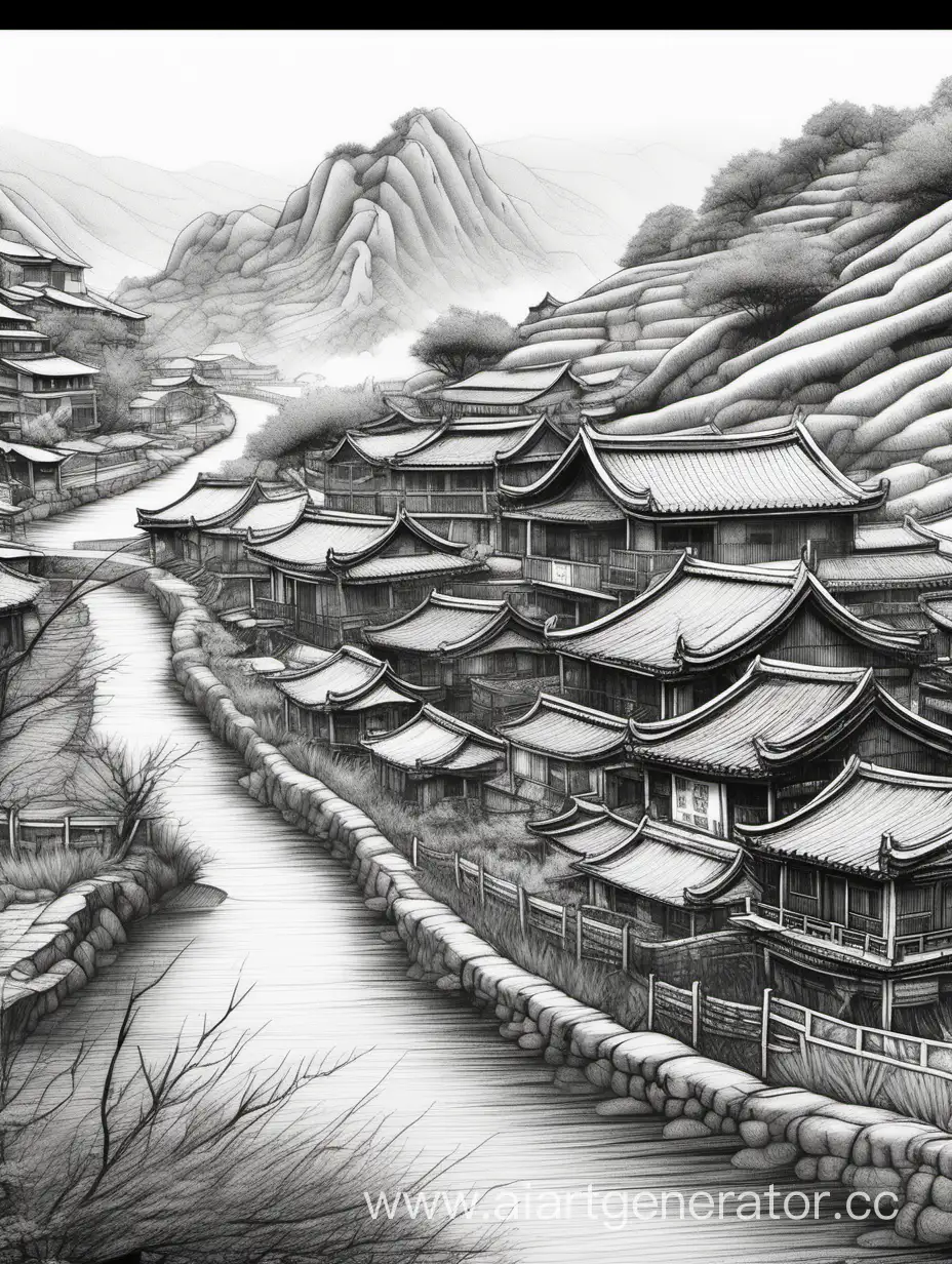 Intricate-4K-Chinese-Countryside-Landscape-Pen-Sketch-with-Authentic-Houses