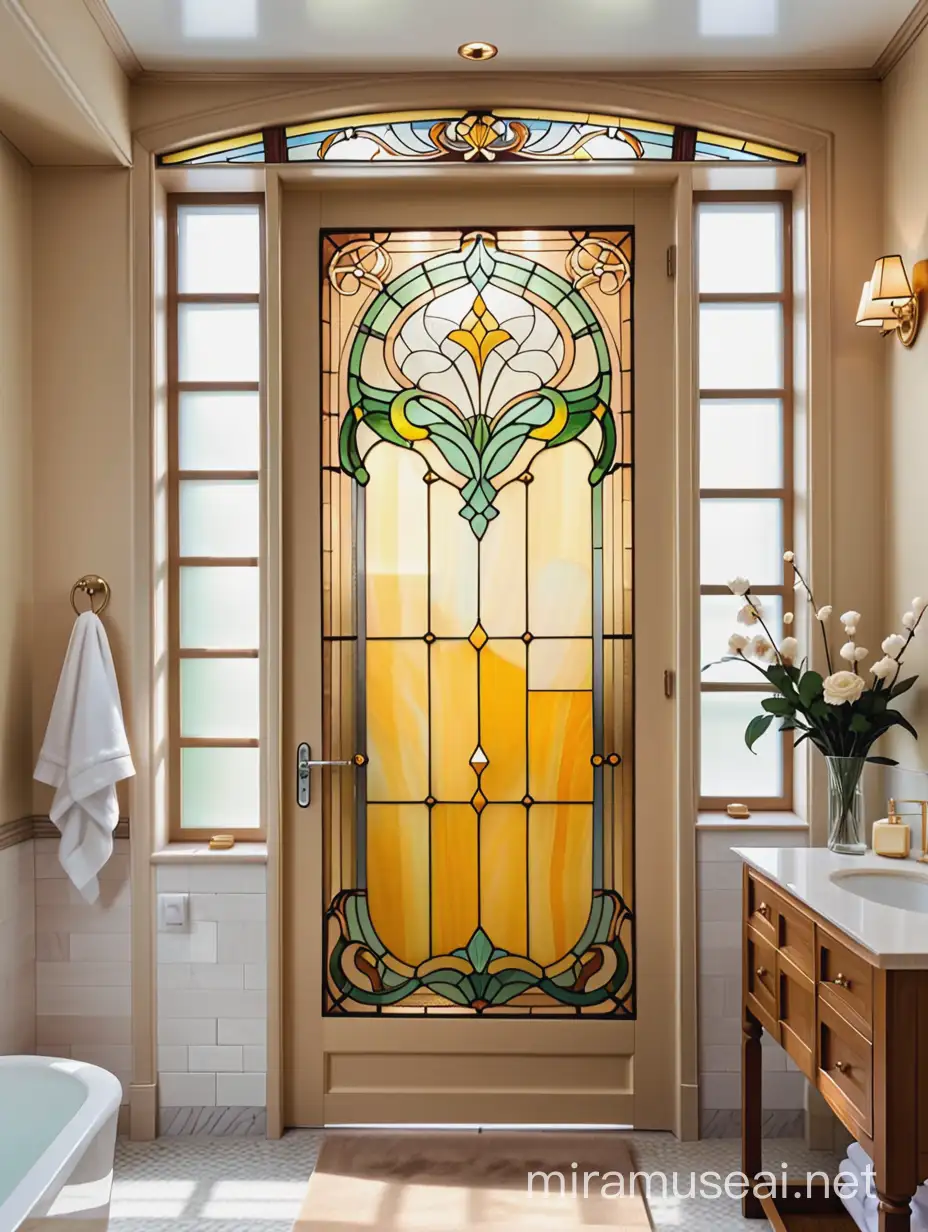 прямоугольная витражная дверь тиффани, в стиле ар нуво, из желто-бежевого  стекла в ванной комнате