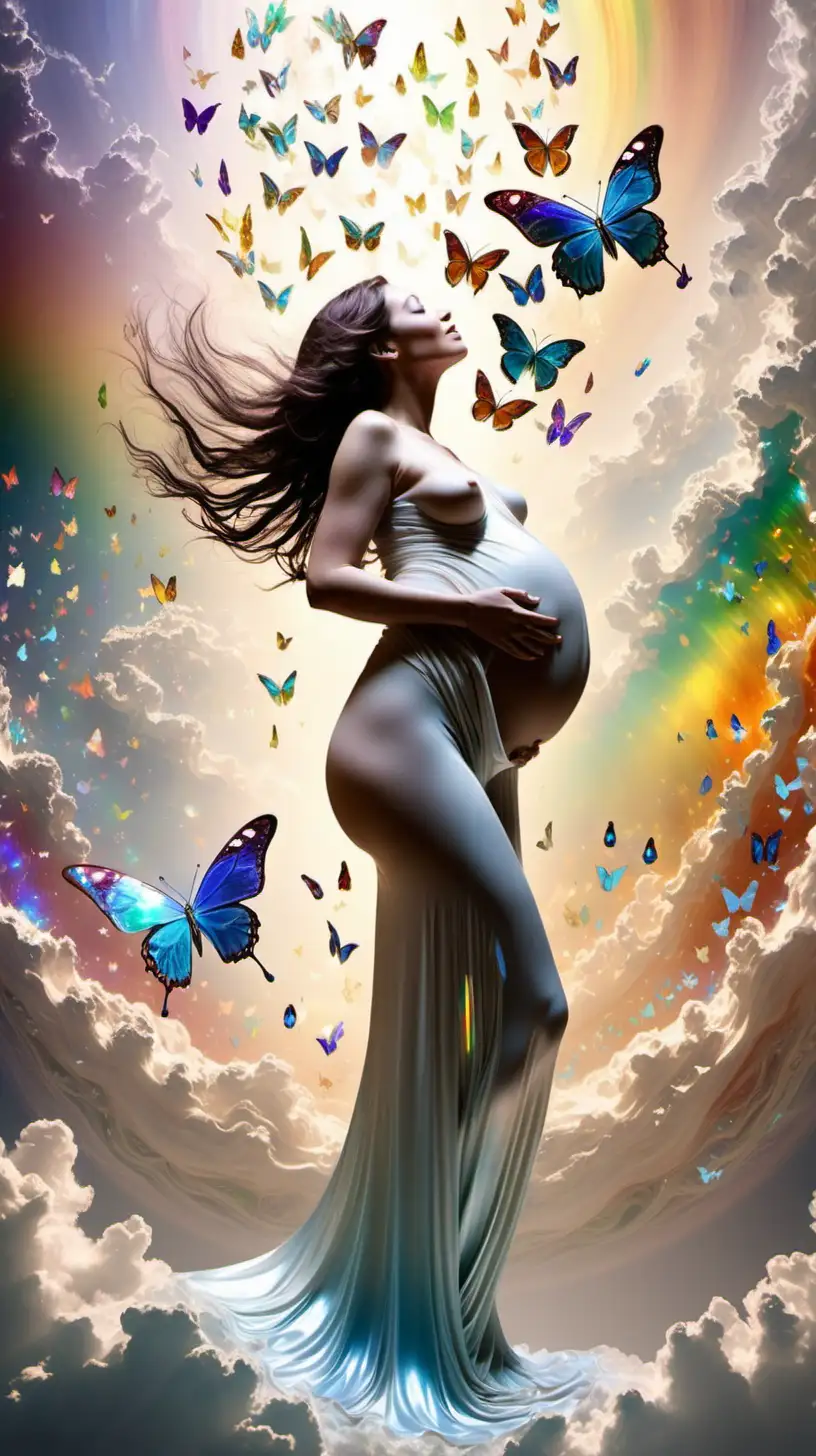 an image that depicts this haiku “Flowing in femme worth, And powers beyond this earth, I create and birth.” of a happy woman pregnant with heaven and earth, with butterflies and animals all around her. Evoke an inspiring, cheerful, iridescent, sparkly, blissful feel, using bright opaline rainbow colors through white.