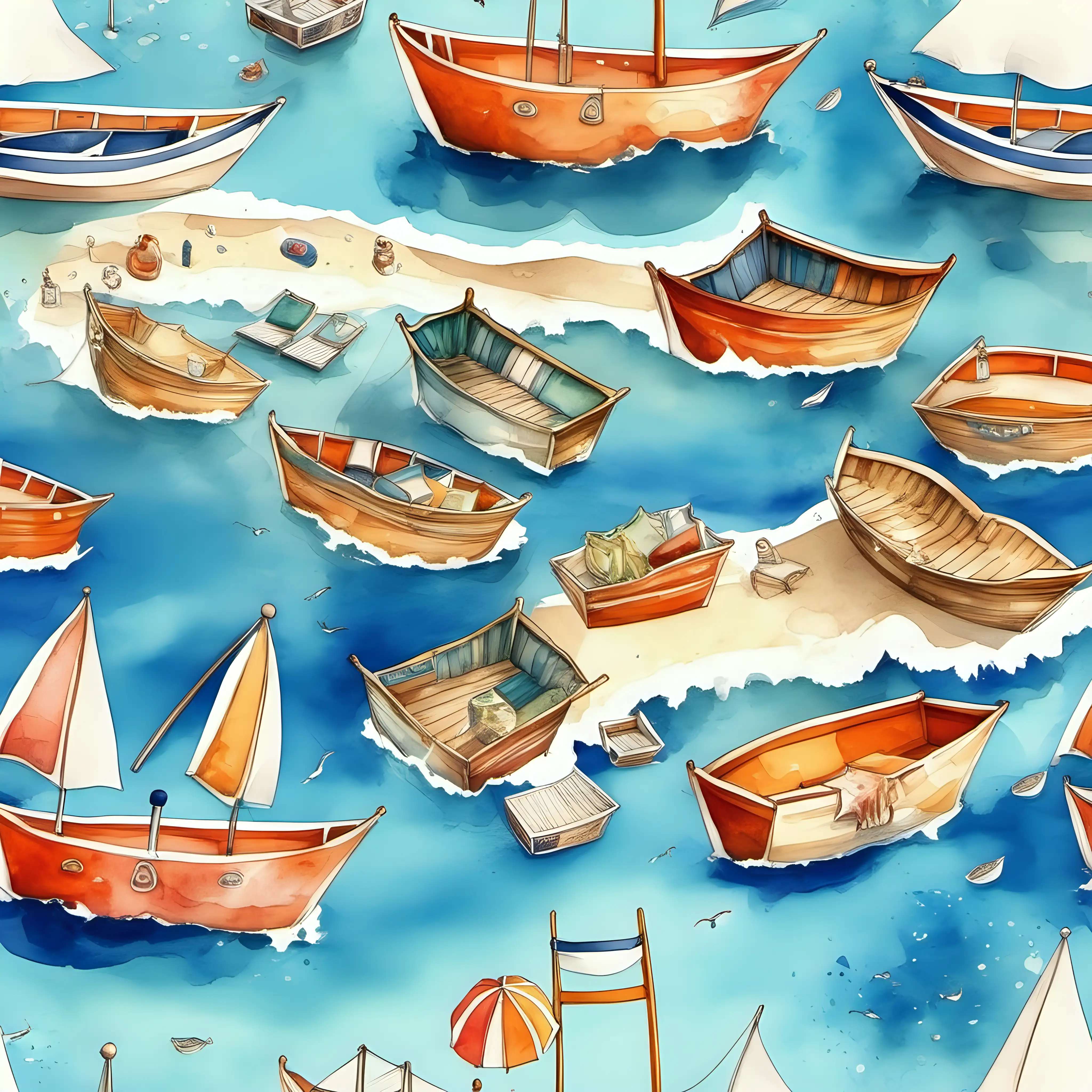 I want to create an illustrated pattern for a beauty box with sea and beach motif, boats, umbrellas and sunbeds, top view, I want an original illustration based on water colours or something similar