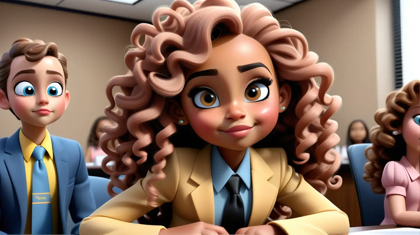 A beautiful 7 year old girl, cute, light brown skin, big light hazel eyes long black eyelashes, blush,beautiful lips, round face,sitting in conference room with people, blue and yellow suit, blue tie, extremely long brown detailed curly hair, dress, disney style, cartoon character, smirk, on her face, looking forward
