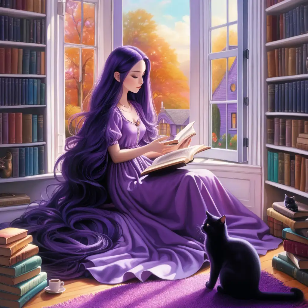 beautiful doll like young woman with long purple hair lounging stretched out in a window seat reading a book wearing a long flowly purple dress, there is a black cat sitting at her feet, there are several colorful pillows all around her and under her, the light coming in the window is angelic, there are books on shelves in the room, there is a purple rug on floor and a coffee table on the rug