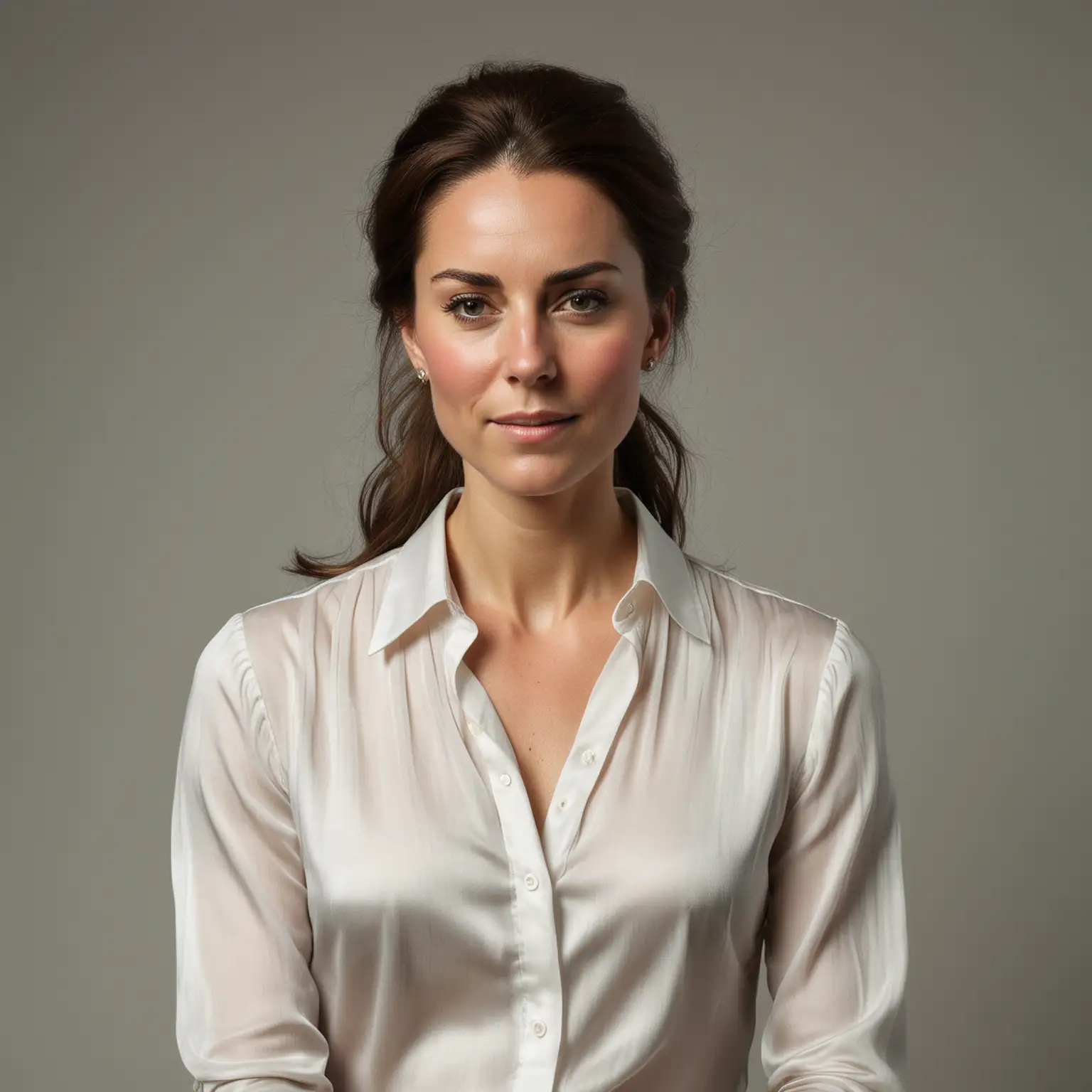 Exhausted Kate Middleton Portrait in Ivory Silk Shirt Front View ID Photo on Gray Background