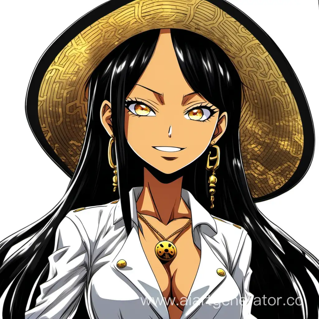 Персонаж One Piece путешественница, a girl with black hair and golden eyes with tanned skin, with a white suit, full-length