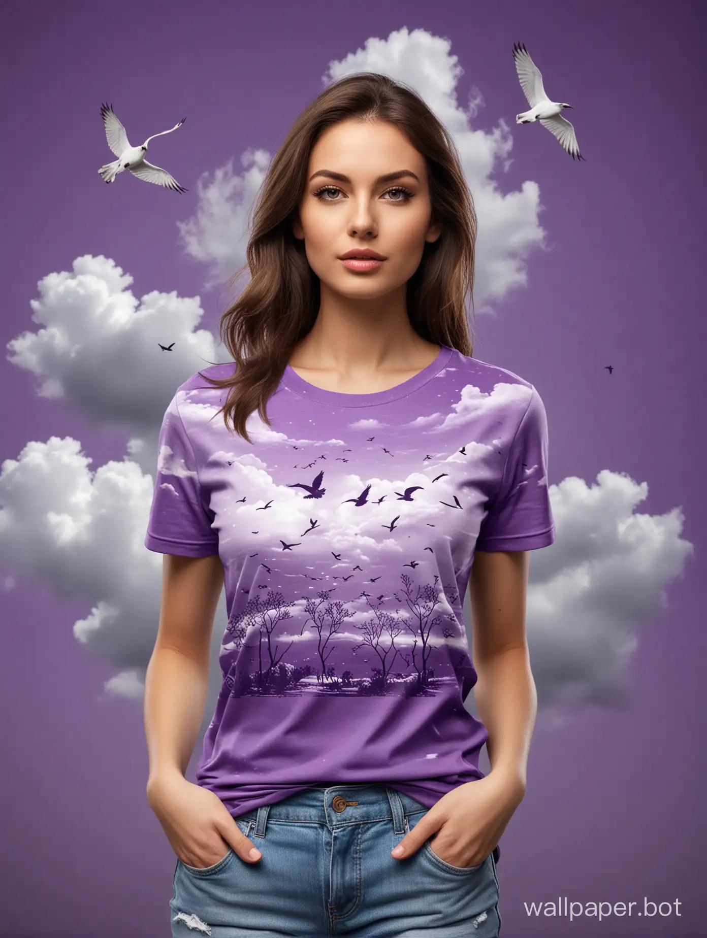 T shirt mockup template, beautiful model woman, birds illustration in the shirt, purple shirt, heavy clouds background, hipperealistic